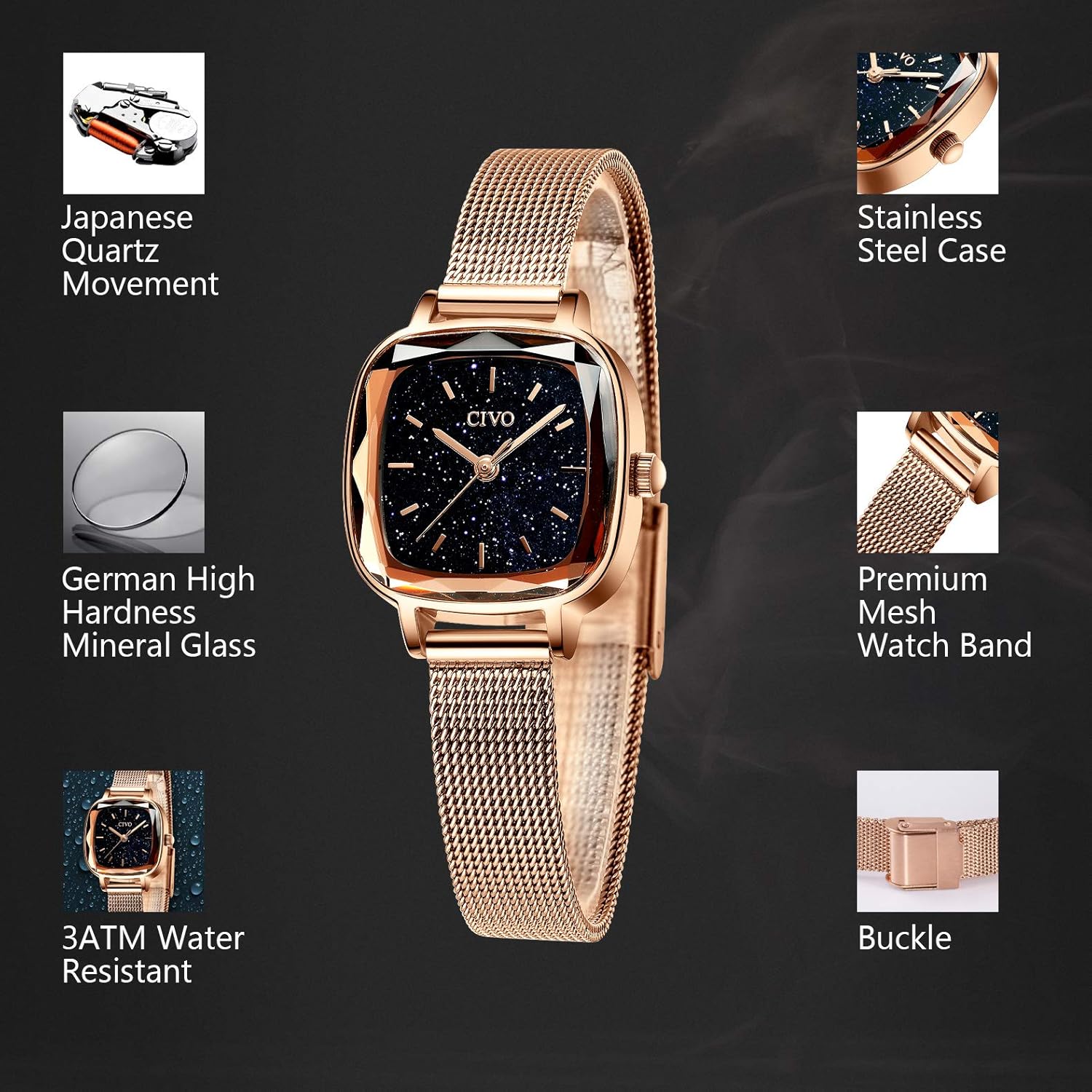 CIVO Womens Watches for Small Wrists Waterproof Analog Quartz Square Watch Ultra-Thin Stainless Steel Mesh Strap Fashion Elegant Designer Ladies Wrist Watch for Women