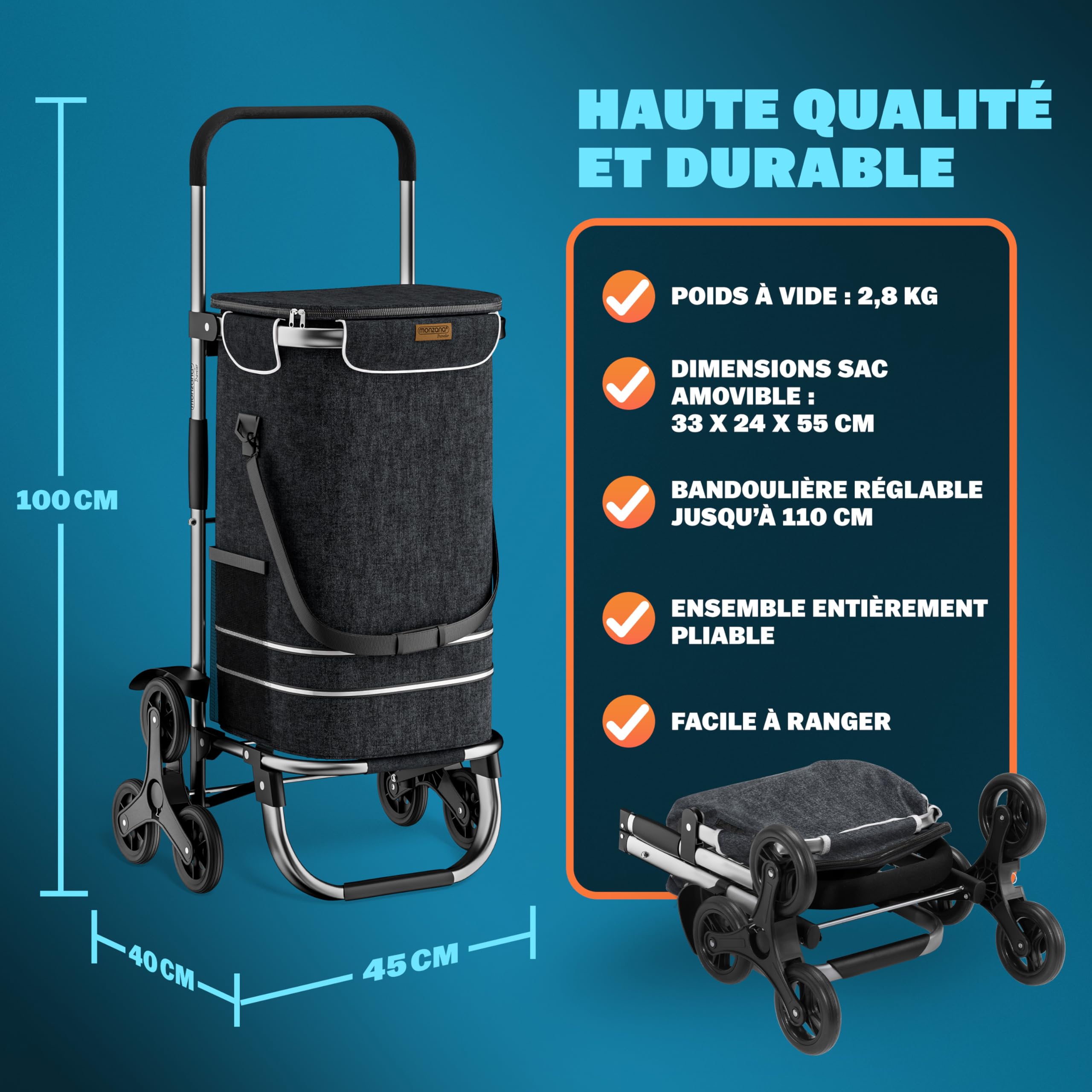 MONZANA® Chariot de courses noir 56 litres 3 en 1 pliable compartiment isotherme 6 roues bandes réfléchissantes
