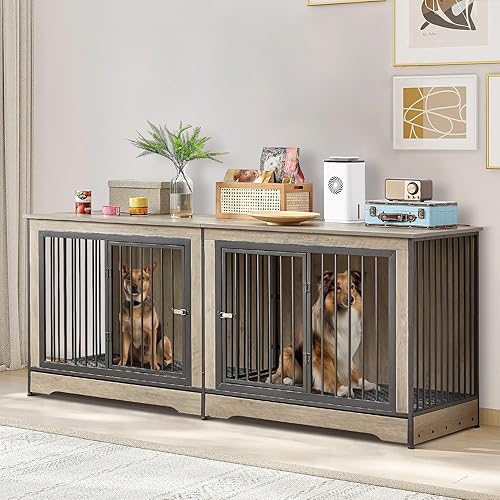 Mueble de jaula grande para perros de 2 perros, jaula de madera de 75 pulgadas con divisor y bandeja extraíble, soporte de TV de 2 puertas, perrera