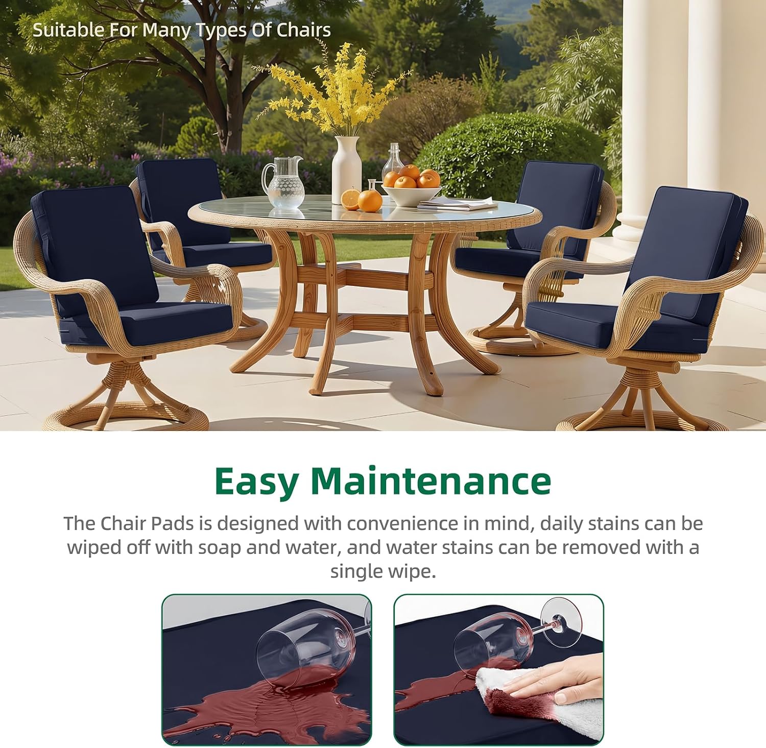 Detiblue Outdoor Chair Cushions Set of 2,22x22x3 Outdoor Seat Cushions for Patio Furniture,Waterproof Patio Chair Cushions with Ties & Handle(Deep Blue)