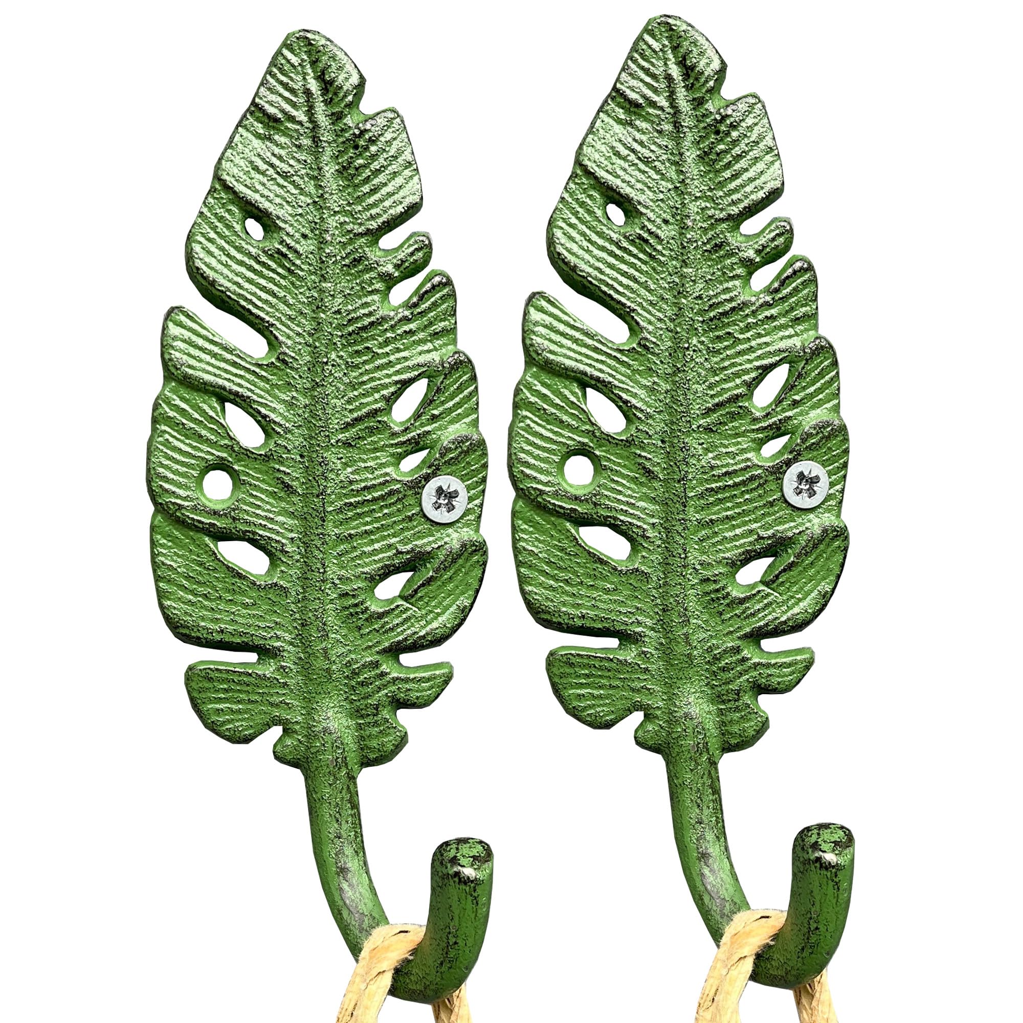 Alfie Francis Set of 2 x 17cm Tall Cast Iron Green Tropical Leaf Decorative Wall Storage Hooks Ideal for Coat, Bags, Keys, Towels, Bathrobes, Clothes, Doors and More