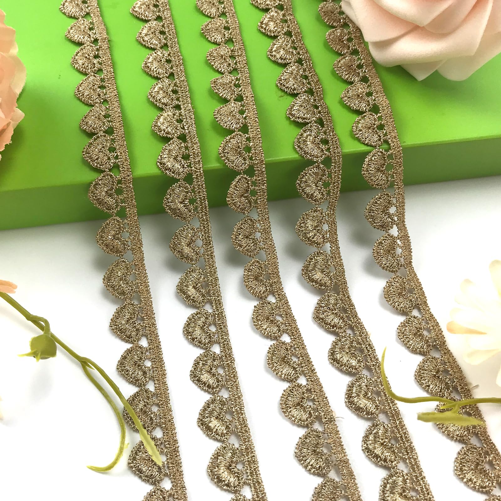 Mililanyo 4.8 Yards Gold Lace Trim Heart Embroidery Lace Ribbon Fringe Trim Vintage Crochet Lace Ribbon for Sewing DIY Crafts Supply