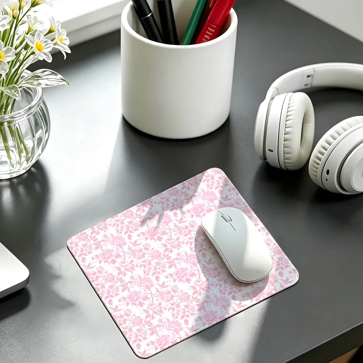 Coquette Pink Chinoiserie Floral Mouse Pad, Aesthetic Mouse Pad,Pink Trendy Girly Print Flowers Mousepad with Non-Slip Rubber Base for Home Office Desk Accessories, 9.5x7.9 Inch image 5