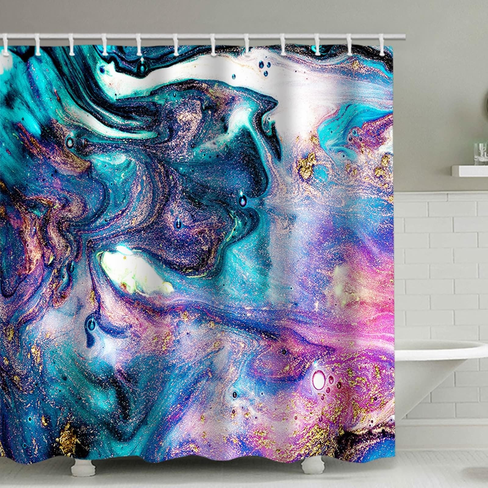 Rideau de douche 200x200cm anti-moisissure et étanche motif marbre avec anneaux