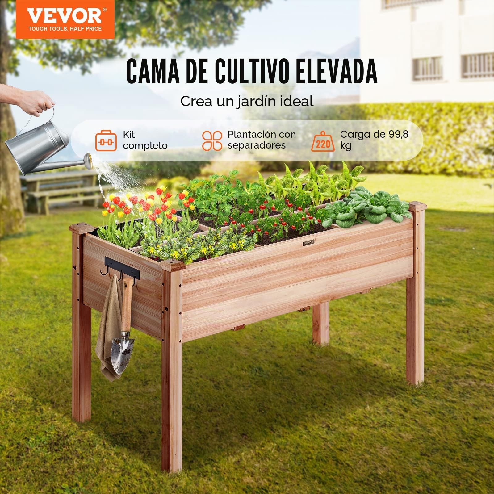VEVOR Cama de jardín elevada, 4 x 2 x 2 pies, caja de madera elevada para plantar al aire libre con patas, para cultivar flores/verduras/hierbas en patio, jardín, patio, balcón, burlywood