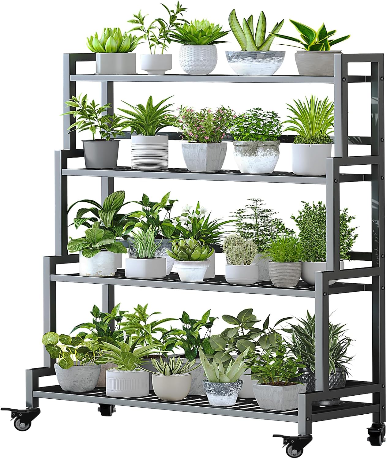Plant Stand Indoor 3 Tier Metal Outdoor Tiered Stands Shelf With wheel for Multiple Plants Potted Ladder Plant Holder Table Plant Pot Stand for Window Garden Balcony Living Room (3 Tier-Black)
