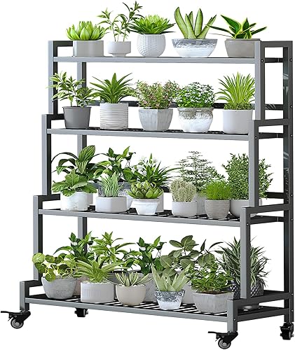 YIZAJIA - Soporte para plantas de interior de 4 niveles de metal para exteriores, estante escalonado con rueda para múltiples plantas, escalera en