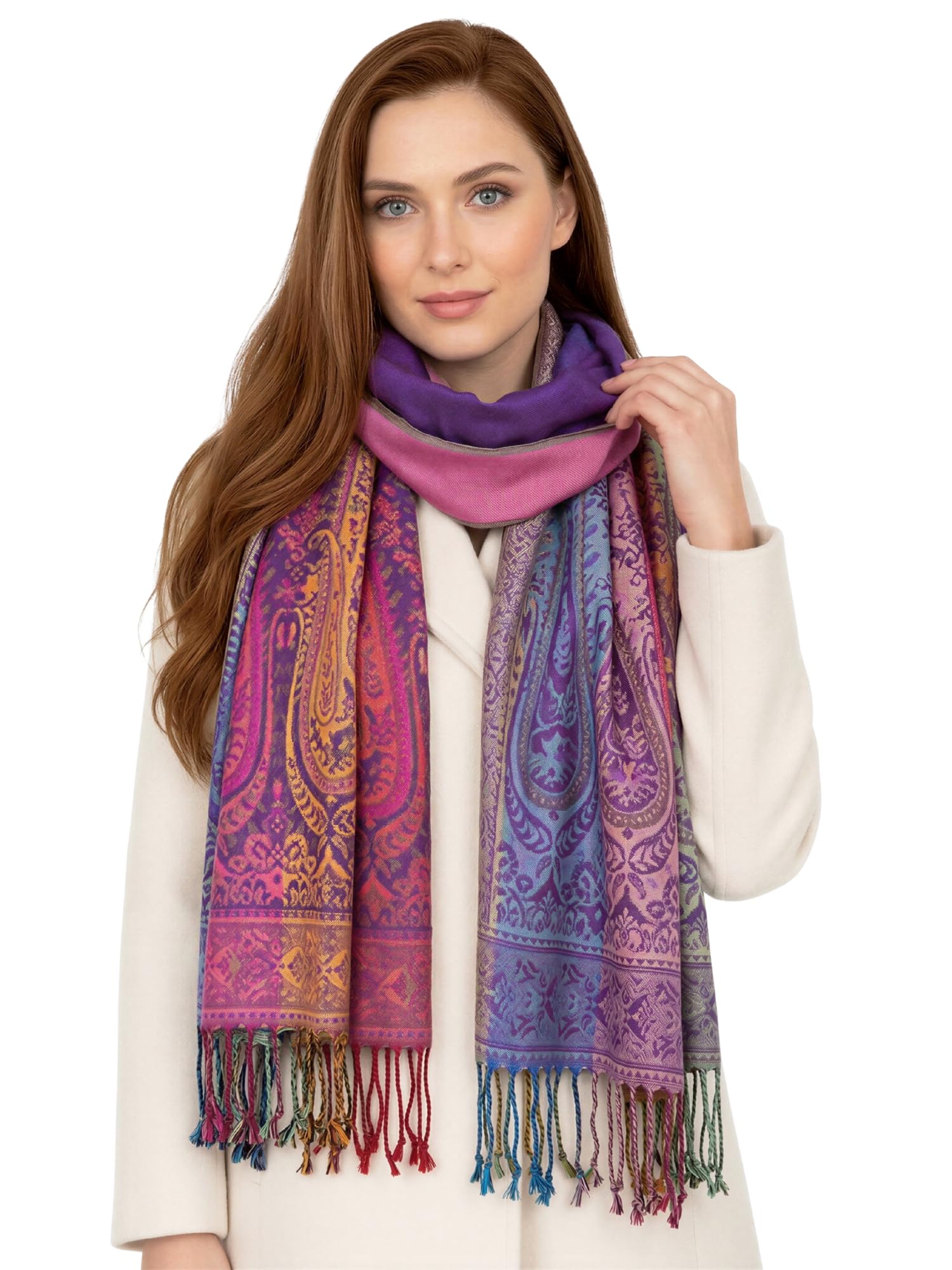 InStyle Bags Women's Large Multicolour Pashmina Shawl Scarf, Woman Rainbow Coloured Scarf, Bright Multi Colour Wrap, Lightweight Summer Evening Paisley Floral Stole Winter (rainbow paisley purple)