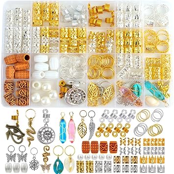 Coriario 200 Pcs Gold Silver Hair Charms for Braids Hair Jewelry Accessories Loc Jewelry Rings Cuffs Beads Gems Pendants Decorations for Women Men Braids Locs Dread