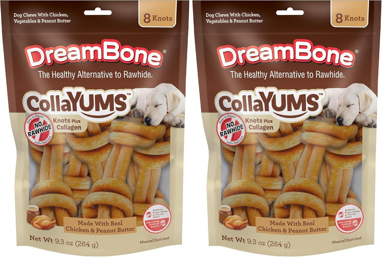 DreamBone CollaYUMS Knots Plus Collagen Chews for Dogs, 8 Count, Treat Your Dog to Rawhide-Free Chews Made with Chicken, Vegetables and Peanut Butter (Pack of 2)