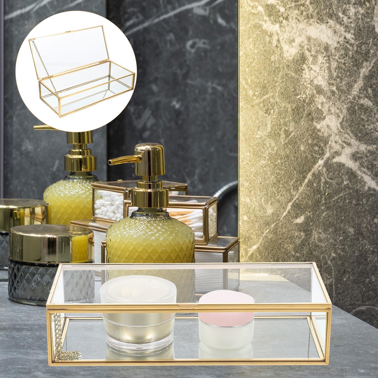 BETOOKY Transparente Schmuckbox aus Glas mit Deckel für Reisen, Gold | Kupferrahmen, Kompakt und Tragbar, Mehr Stauraum, für Juweliergeschäft und Unterwegs