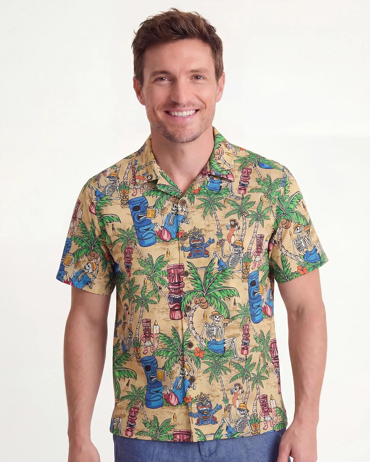 Men's Hawaiian Shirt Short Sleeve Camp Collar 100% Cotton Green Aloha Tiki Seaside Bash