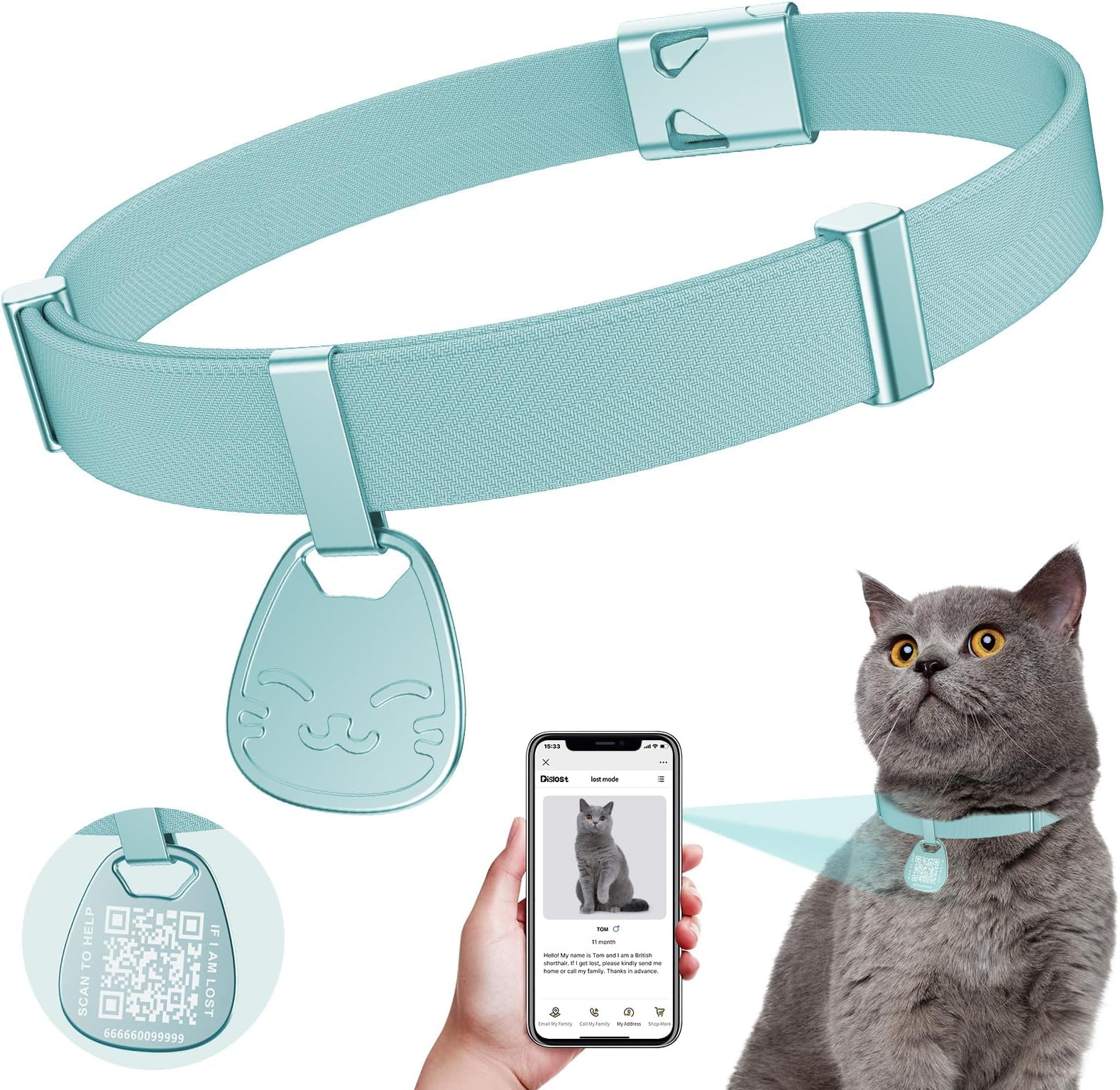 Cat Collar with Name Tag Breakaway: Reflective Kitten Collars with QR Code Name Tag, Ultra Soft & Elastic Adjustable (6"-12") Cat Collar with Break Away Safety Buckle, MintGreen