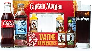 Captain Morgan Rum Gift Set, Tasting Experience - 1 x 5cl Original Spiced Gold, 1 x 5cl Sliced Apple, 1 x Coca-Cola, 1x Lemonade, Captain Morgan Glass, Birthday, Valentines, Boyfriend Gifts for Men