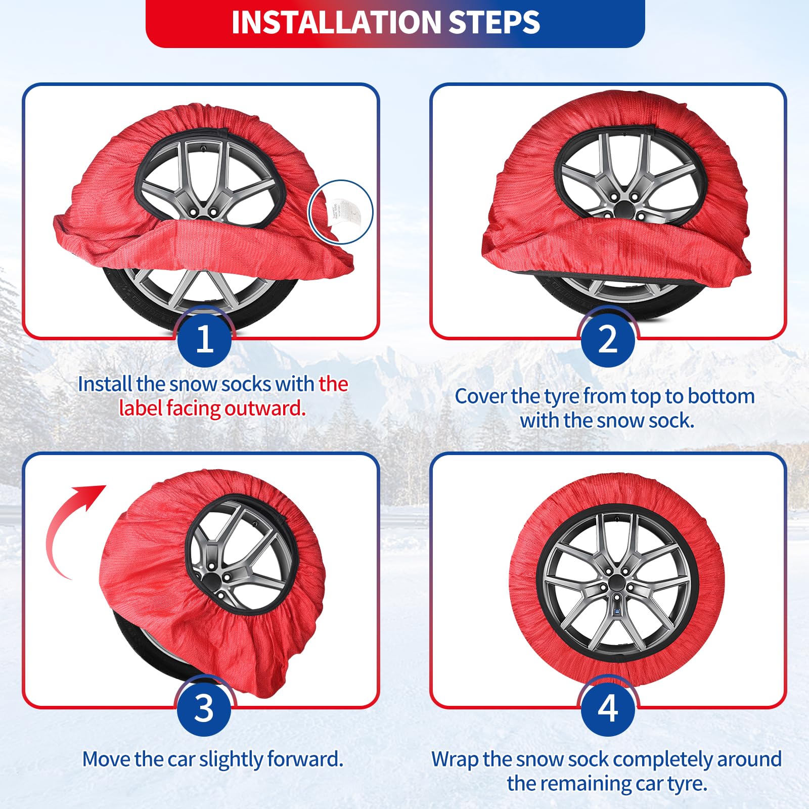 SWAWIS Catze da Neve Omologate EN 16662-1 Catene da Neve in Tessuto Taglia XL per R14 - R22 Auto Universali, 1 Coppia Rosso