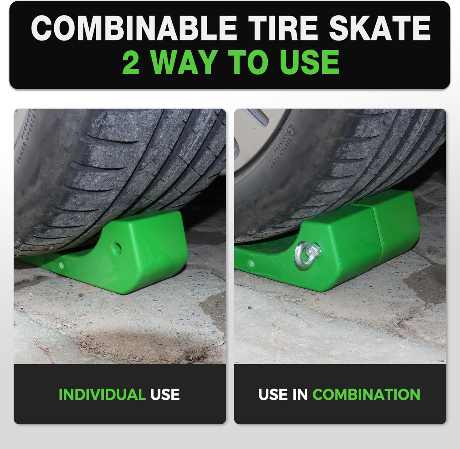 4 Pack Heavy Duty Tire Skates for Tow Trucks & Rollbacks - 16,000 lb Working Load, 3.2"-6.4" Wide, Adjustable for Flatbed Trailers, Safety Green, Durable Plastic, 4000 lb Capacity per Skate