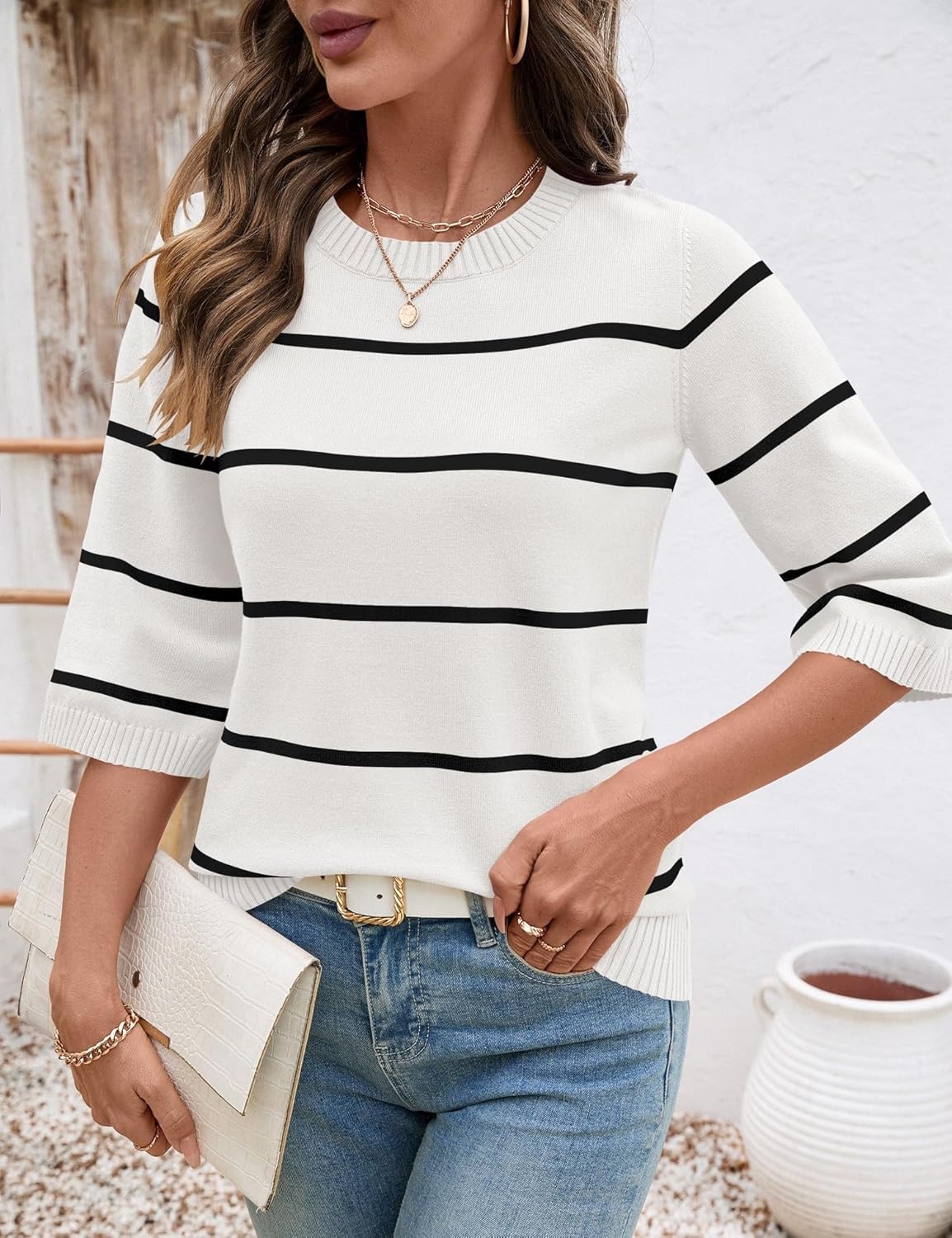 LOMON Womens Sweaters Casual Fall 2025 Crew Neck Striped 3/4 Sleeve Lightweight Knit Trendy Pullover Sweater Tops S-XL - Image 3