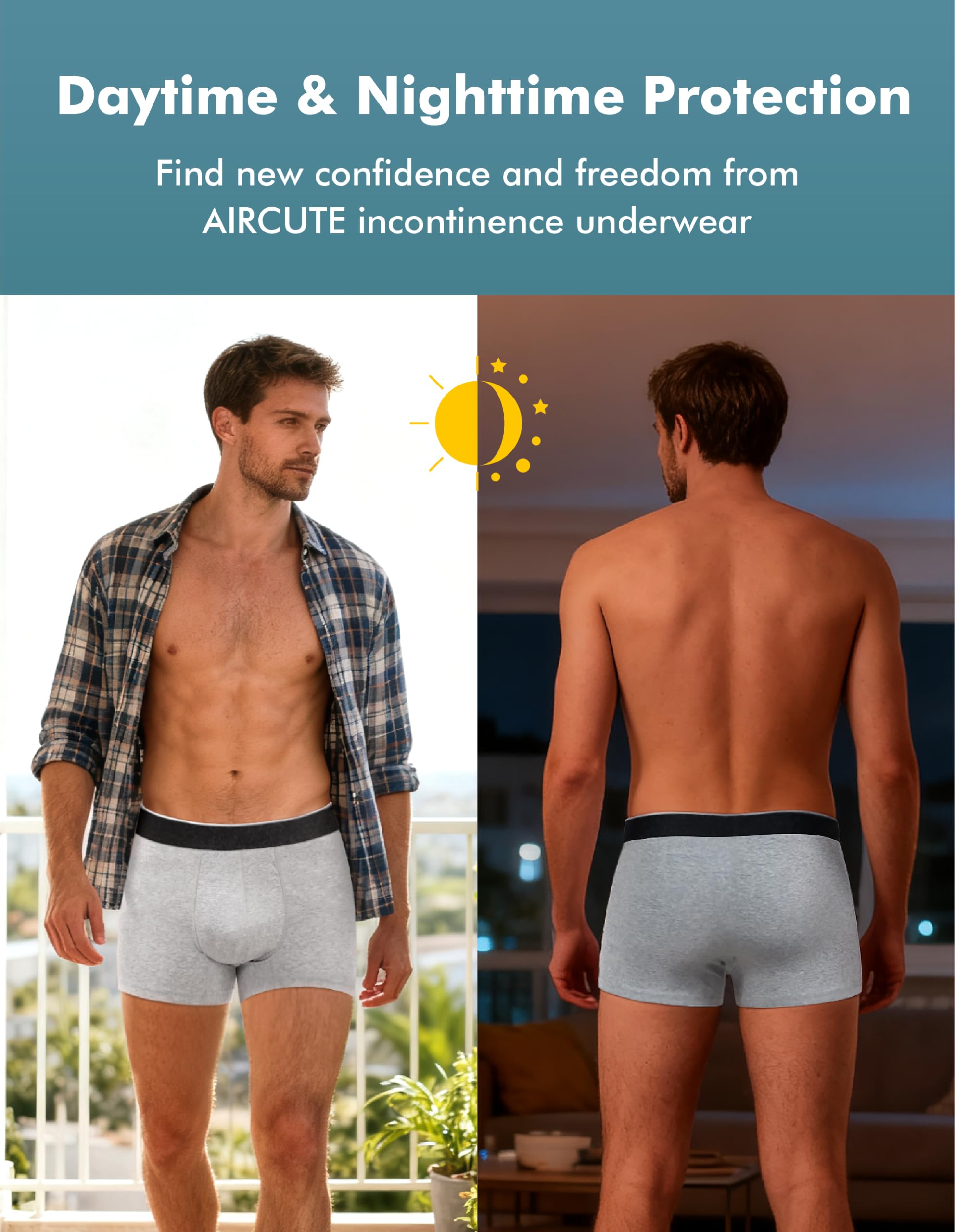 AIRCUTE Mens Washable Absorbency Urinary Incontinence Underwear, Breathable Soft Bladder Leak Proof Boxer Briefs, 3 Pack