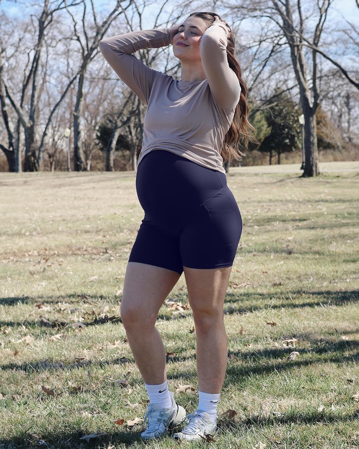 G4Free Barefeel Maternity Biker Shorts with Pockets Over The Belly Legging Pregnancy Yoga Pants Athletic Workout 5" 8.5" - Image 3