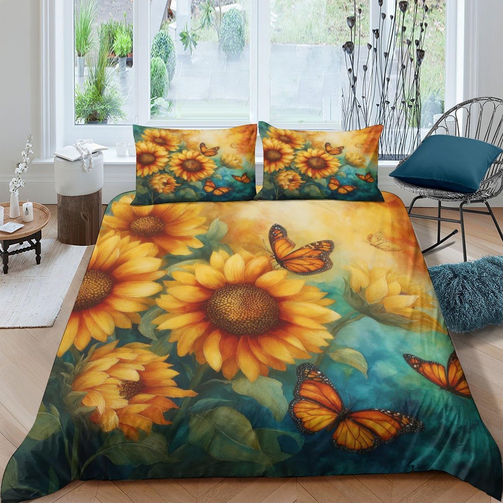 Ctjqhvkz Style-2 3D Printed Sunflower Butterfly Fitted Sheet Microfiber Soft Breathable Bed Cover For Bedroom Guest Room Decor Single（135X200cm）