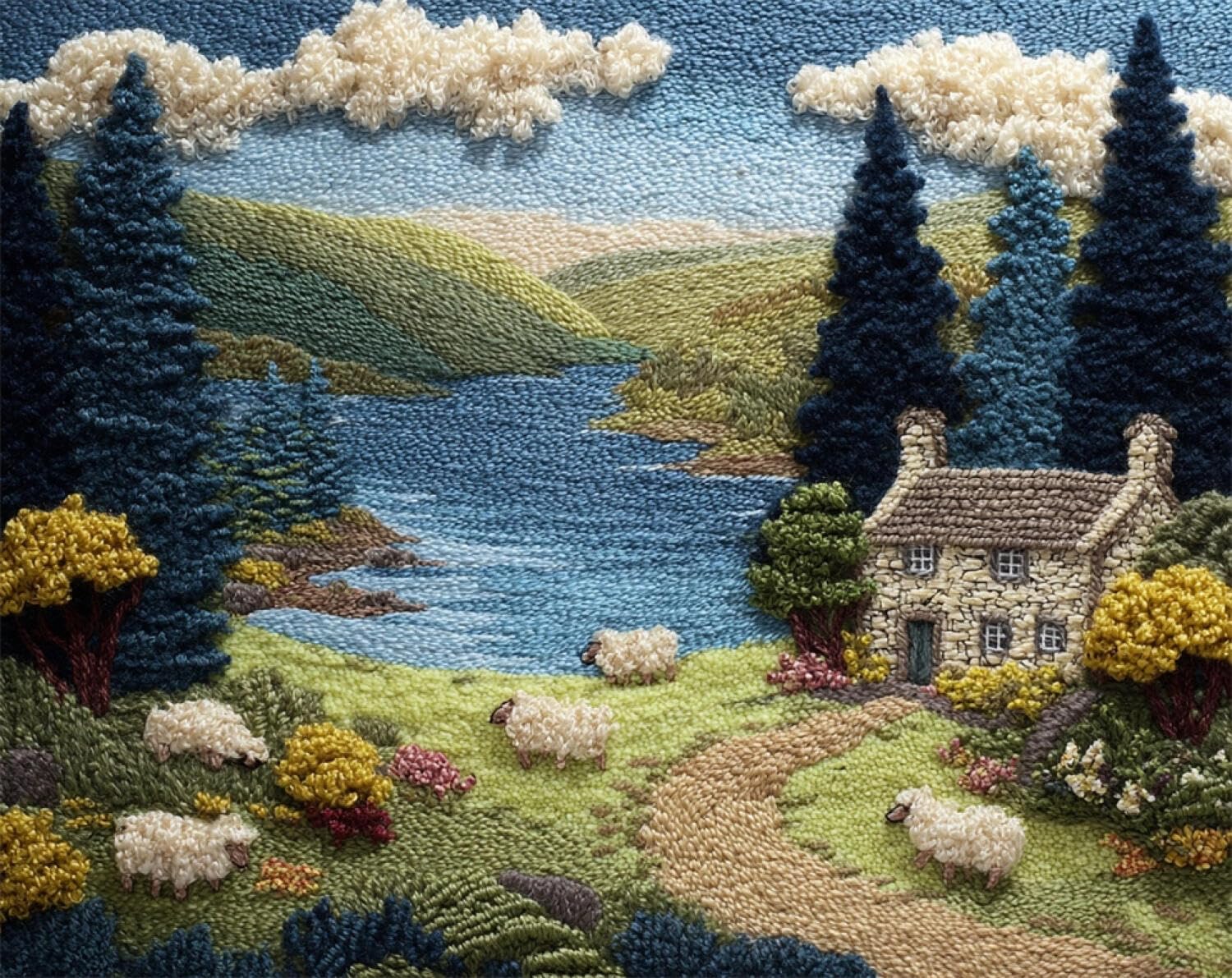 Henypt DIY Latch Hook Rug Kit Lakeside Cabin 52x38cm