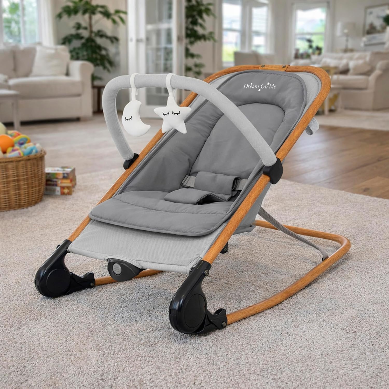 Dream On Me Rock On Me 2-in-1 Baby Rocker and Stationary Seat, Adjustable Recline, Gentle Music & Vibration, 3-Point Safety Harness, Detachable Toy Bar, Folds Compact for Travel – Grey