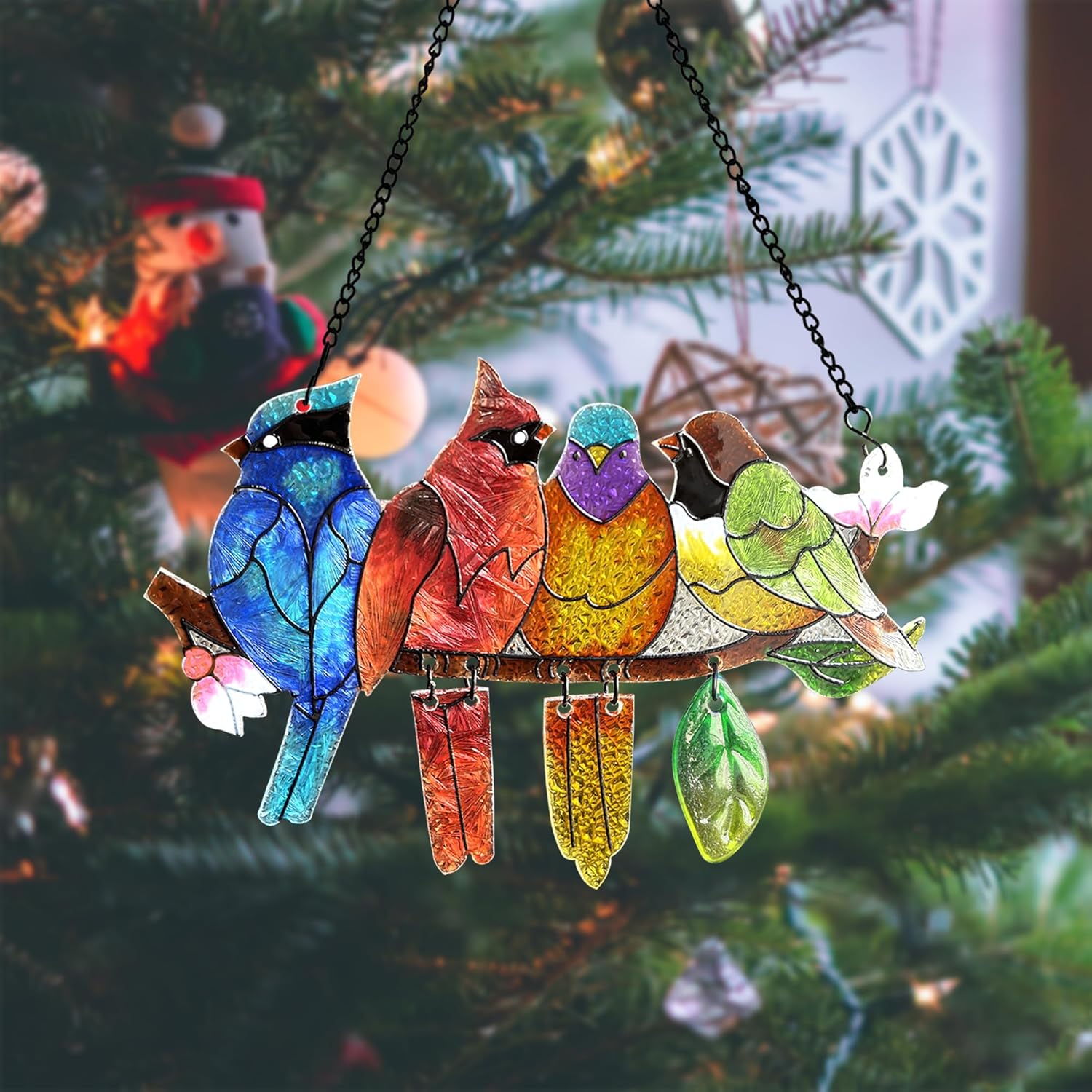 DASTOLL Stained Glass Window Hanging - Hummingbird on Branch Suncatcher Hand-Painted Double Side Stain Glass Cardinal Gifts Sun Catcher for Windows Doors Room Outdoor Home Decoration