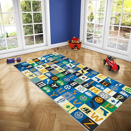 Miniatura 9 de Blue Kids ABC - Alfombra educativa con diseño de números ABC para sala de juegos, habitación de niños, habitación de niños, habitación de bebé, 2