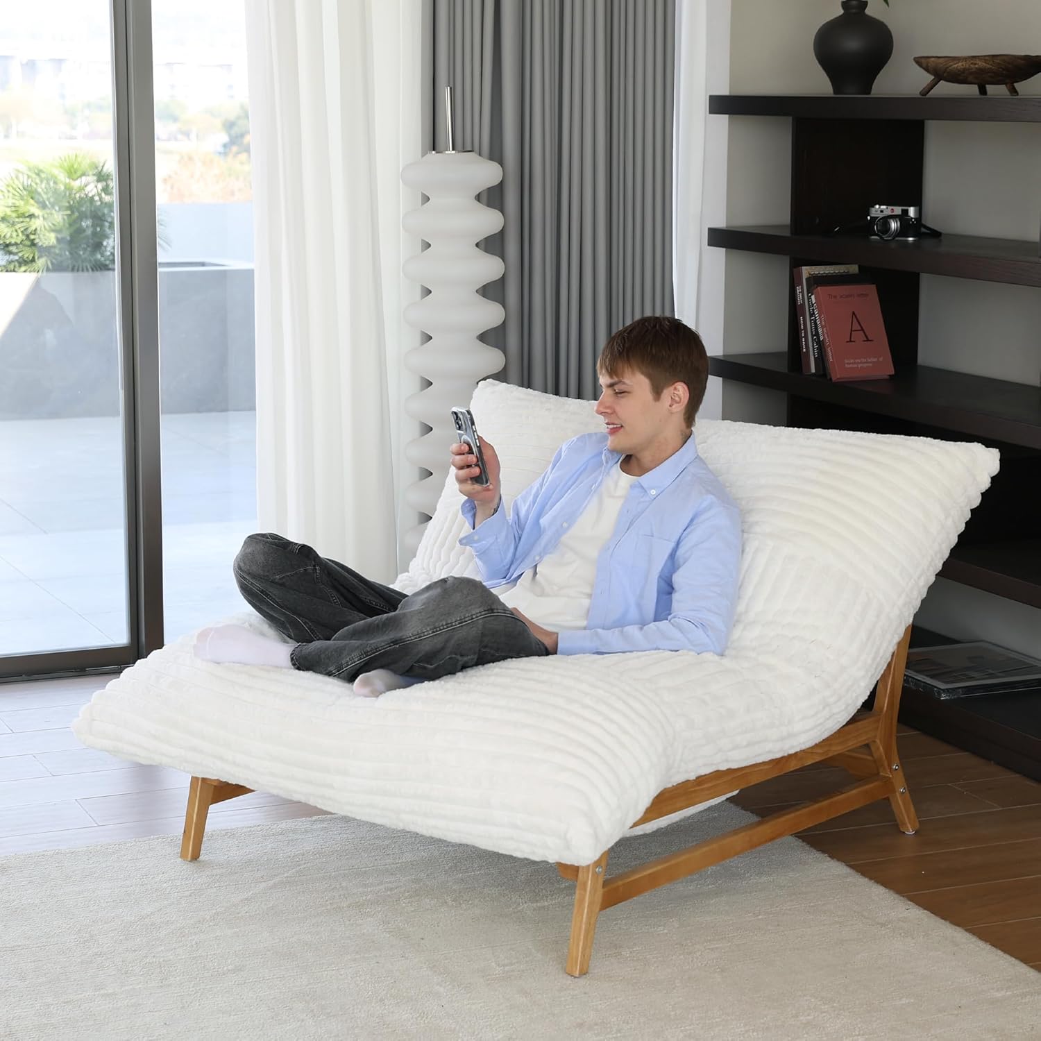 WJShome Oversized Chaise Lounge Chair,47.24" Comfy Recliner Reading Accent Arm Chairs,Sleeper Sofa Bed for Living Room,Loveseat Couch with Removable Upholstered for Reading Bedroom (Beige)