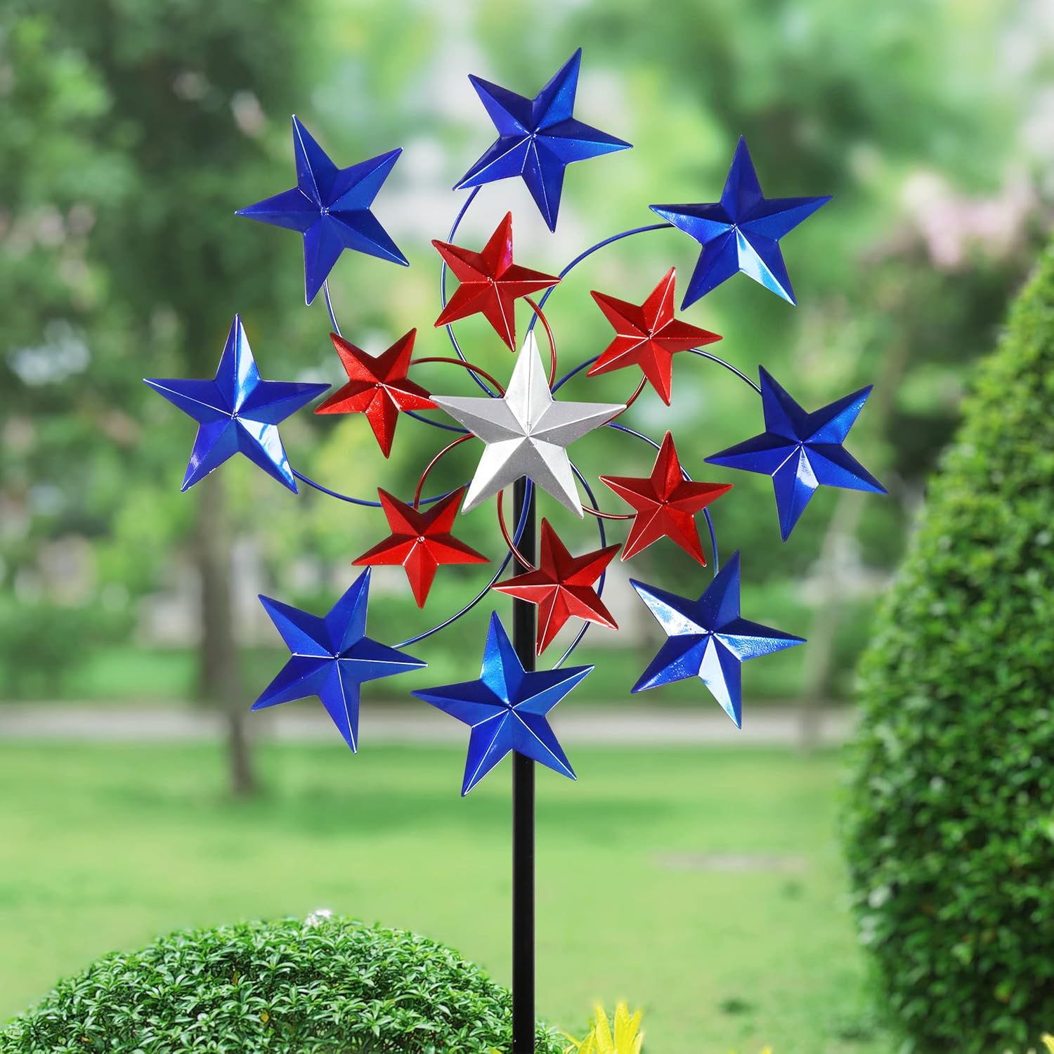 Exhart Star Spangled Wind Spinner - Pinwheels Outdoor Decor w/American Themed Metal Design - Kinetic Art Garden Spinner with Blue, Red, and White Stars Spinning Blades, 20" L x 7" W x 83" H
