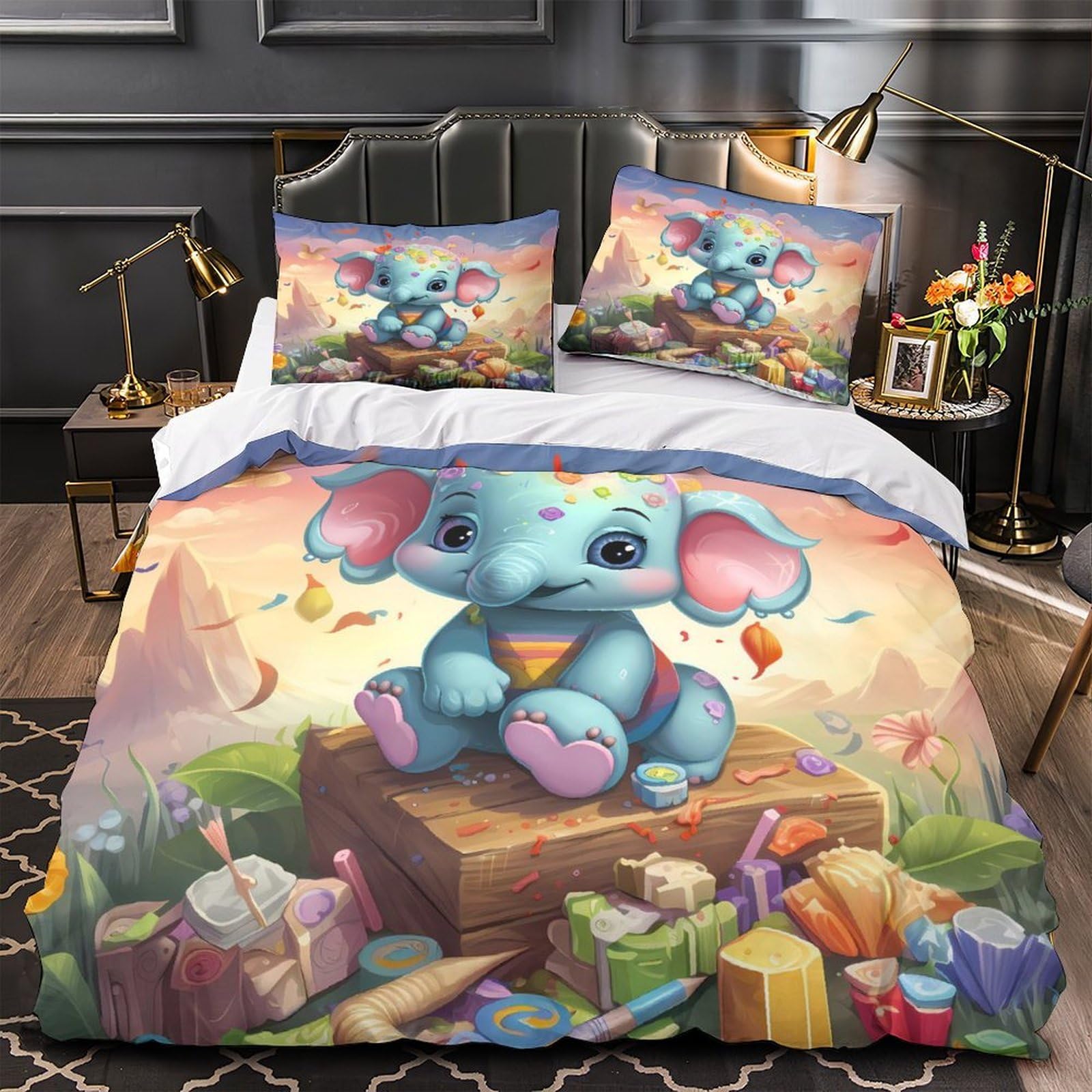 Housse de couette éléphant 140x200 parure de lit enfant en microfibre