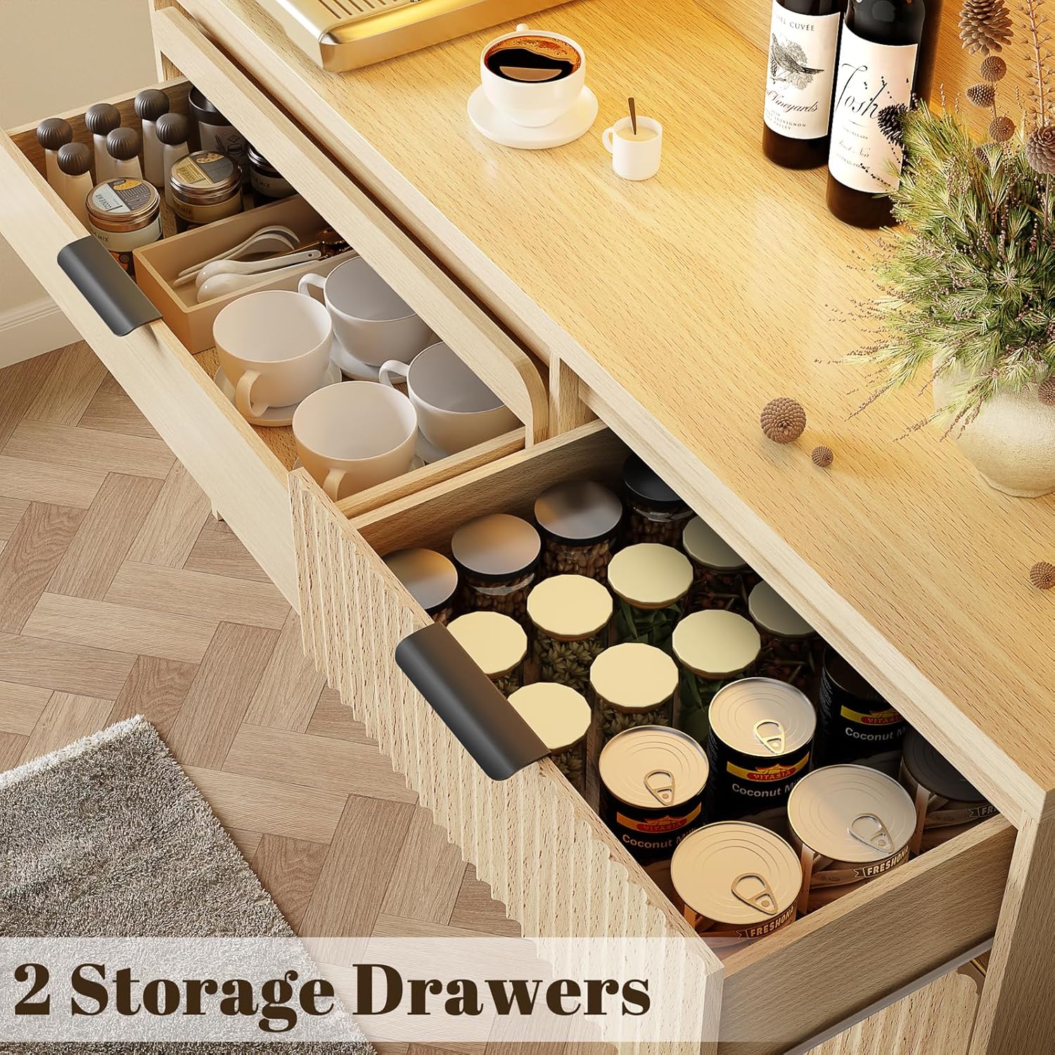 71" Pantry Cabinet,Tall Kitchen Pantry Storage Cabinet with Charging Station and LED Light,Fluted Freestanding Food Storage Cabinet,Farmhouse Kitchen Hutch with Storage Drawers for Living Dining Room