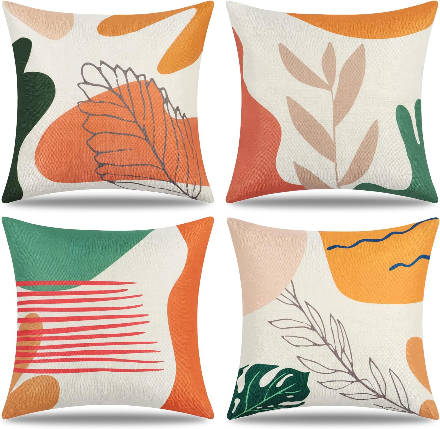 Set of 4 Boho Decorative Cushion Covers 45 x 45cm Spring Summer Decor Throw Pillow Covers Orange Abstract Leaf Plant Pillowcase Cotton Linen Pillow Cases for Sofa Bed Outdoor Patio Garden Decor