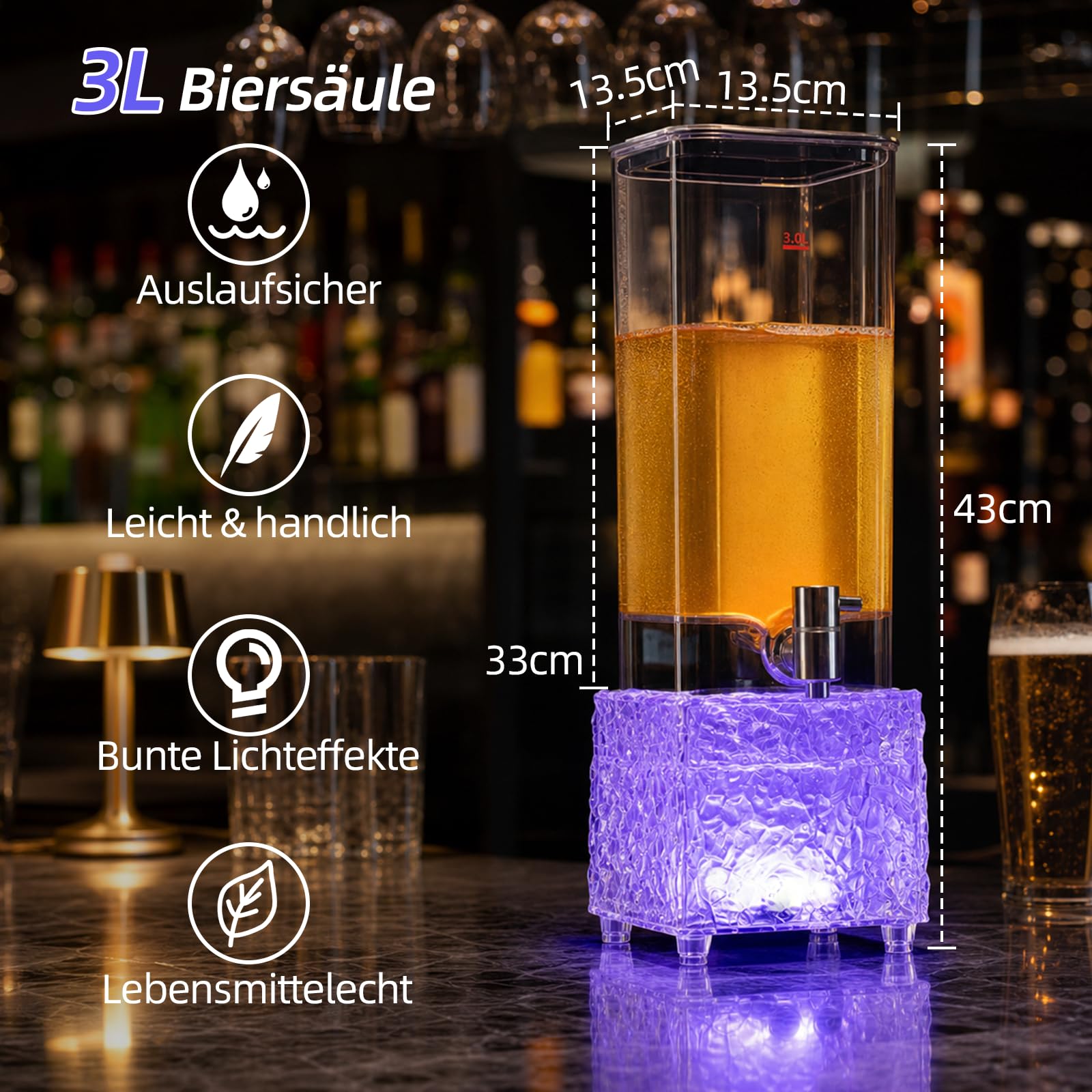 3L Biersäule mit LED-Leuchtsockel, Getränkespender mit Zapfhahn, USB-aufladbarer Getränketower mit Edelstahl-Zapfhahn für Bier, Cocktails, Fruchtgetränke, Partys & Gastronomie