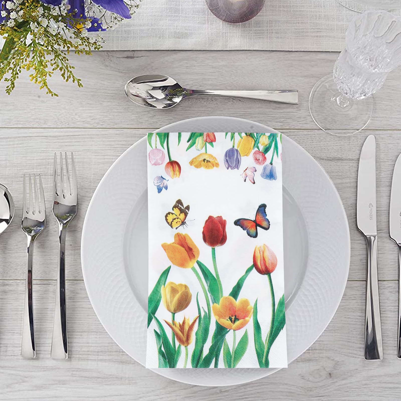 Paquete de 100 toallas de mano desechables con diseño floral de tulipán para baño, servilletas de papel florales decorativas con flores de primavera para baño, inodoro, polvo, vacaciones, boda,