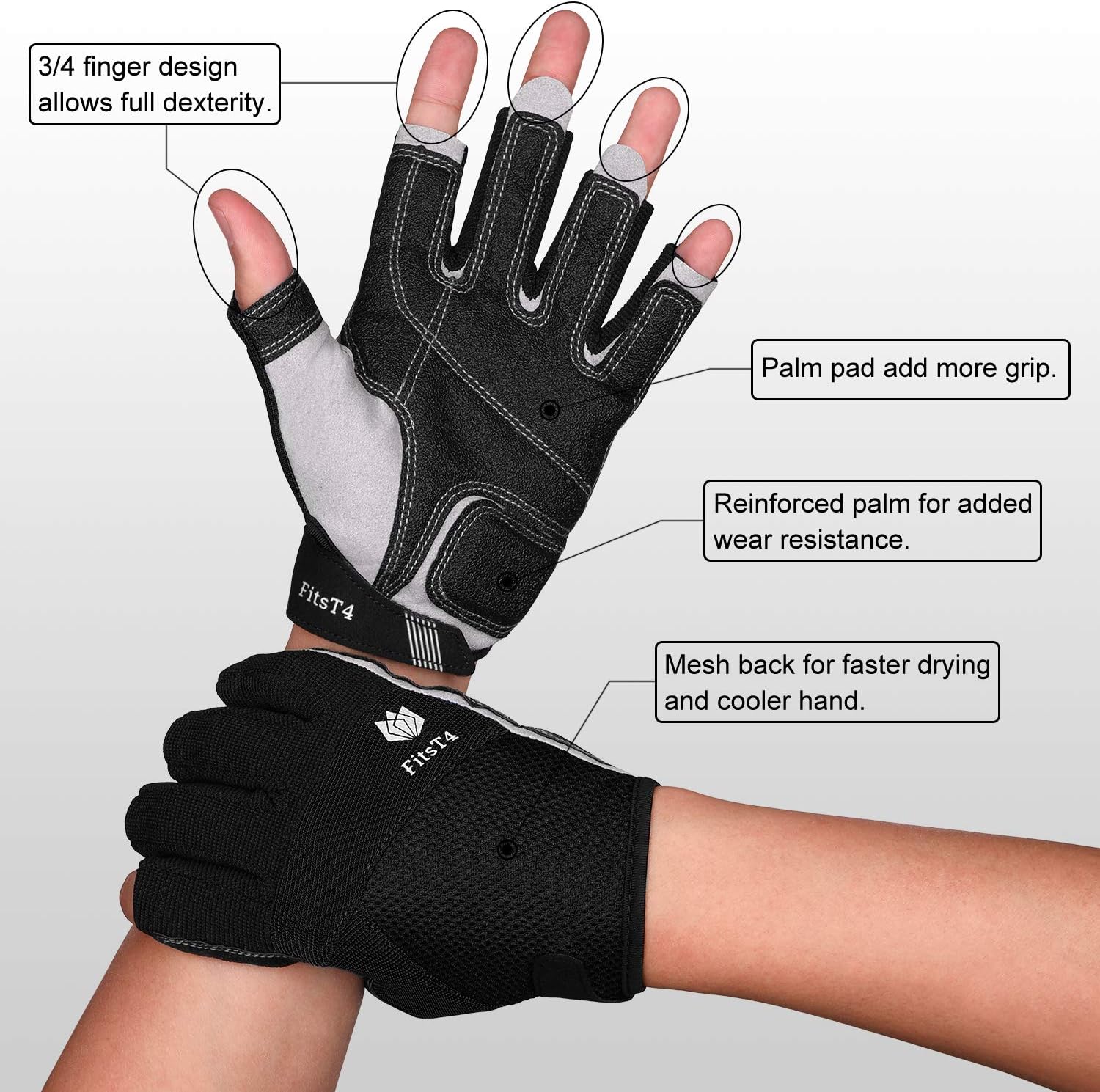 FitsT4 Sailing Gloves 3/4 Finger Padded Palm - Mesh Back for Comfort - Perfect for Sailing, Paddling, Canoeing, Kayaking, SUP for Men Women & Kids : Sports & Outdoors