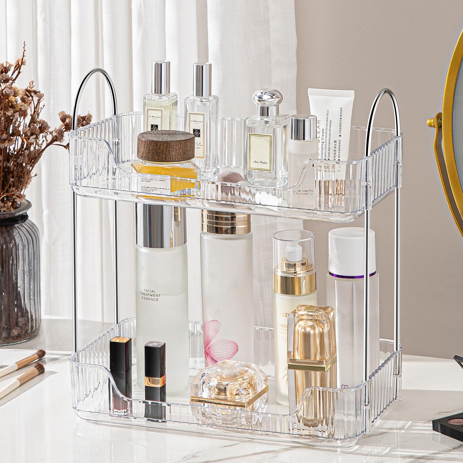 Organizador de Maquillaje, Organizador de Cosméticos, Organizador Perfume, Organizador de Bandeja de Cosméticos de Alta Capacidad para Baño (2 Capas, Transparente)