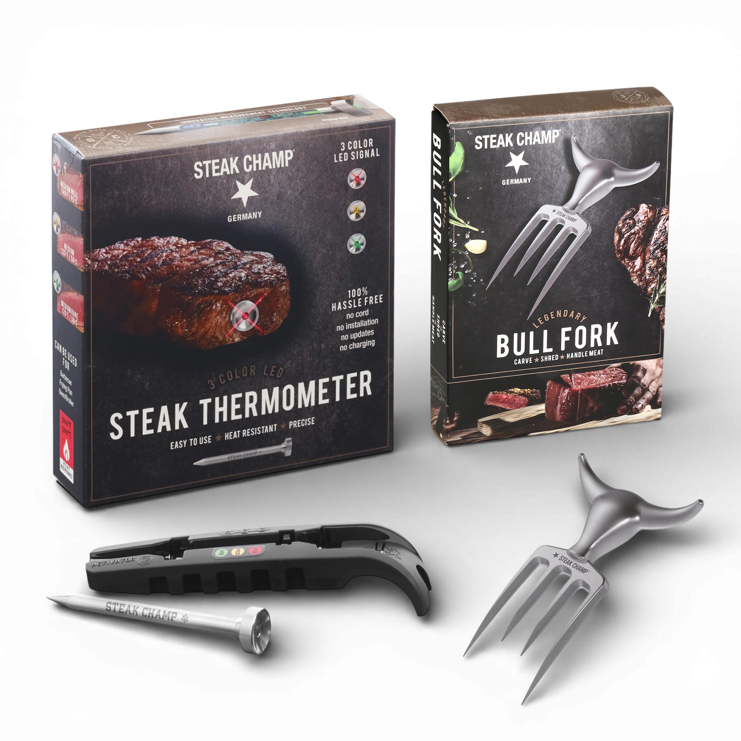 Steakchamp BBQ Profi-Bundle – Bull Fork Fleischgabel aus Zinklegierung (6,5") + 3-Farb-LED Steak-Thermometer, Grill- & BBQ-Zubehör für perfektes Tranchieren und Garpunkt-Kontrolle