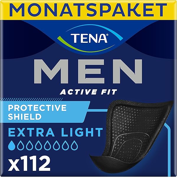 TENA MEN Protective Shield Extra Light - 112 Einlagen im Monatspaket (8 x 14), einzeln verpackt - extra dünne Hygieneeinlagen für Männer bei sehr leichtem Harnverlust - Schwarz