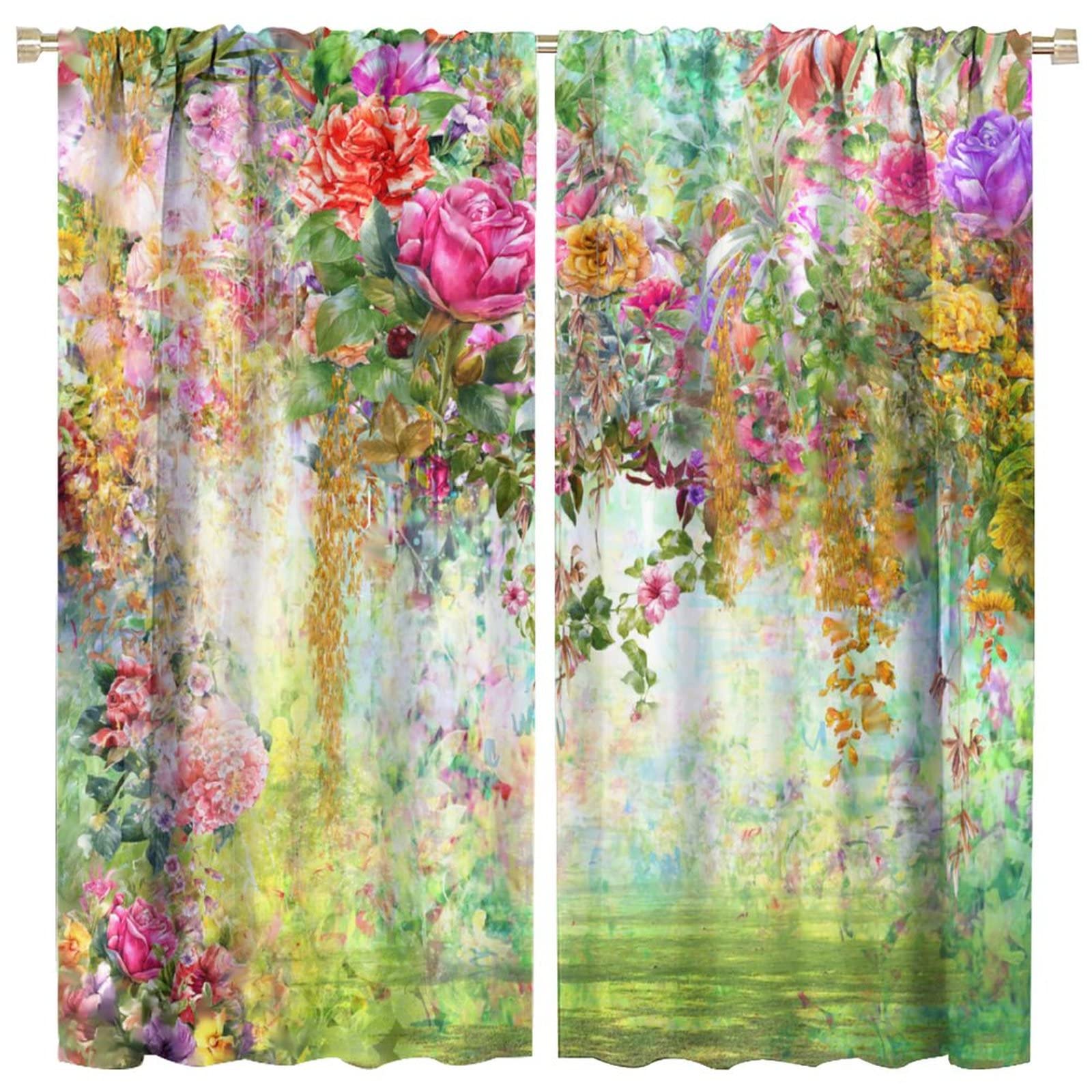 Retro Flower Curtains,Watercolor Painting Art Plant Flower Print Pattern Curtains for Bedroom Living Room Kitchen Polyester Fabric Window Drapes 2