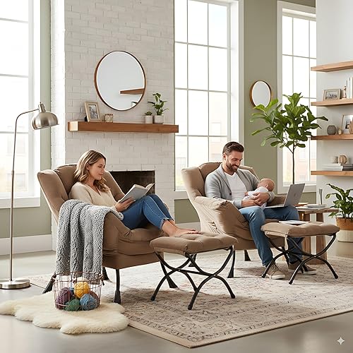 Miniatura 6 de LITA - Silla perezosa con otomana, moderna silla de descanso tapizada de ocio, sillas de lectura contemporáneas con reposabrazos y bolsillo lateral