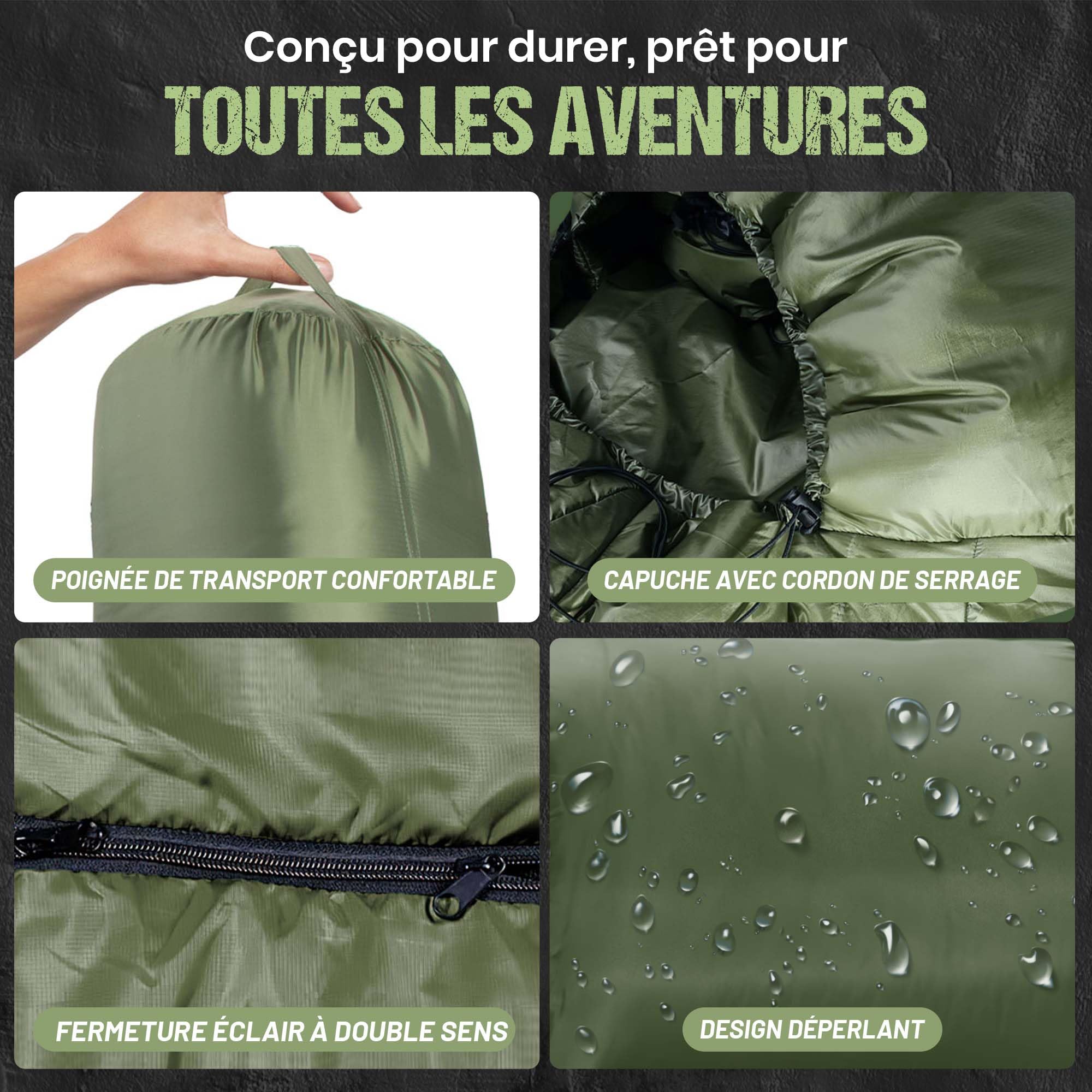 Gigoteuse Momie Thermique 3 Saisons Haute Technologie en Microfibre jusqu'à -13 °C ; léger, Compact, Chaud (Vert Olive)