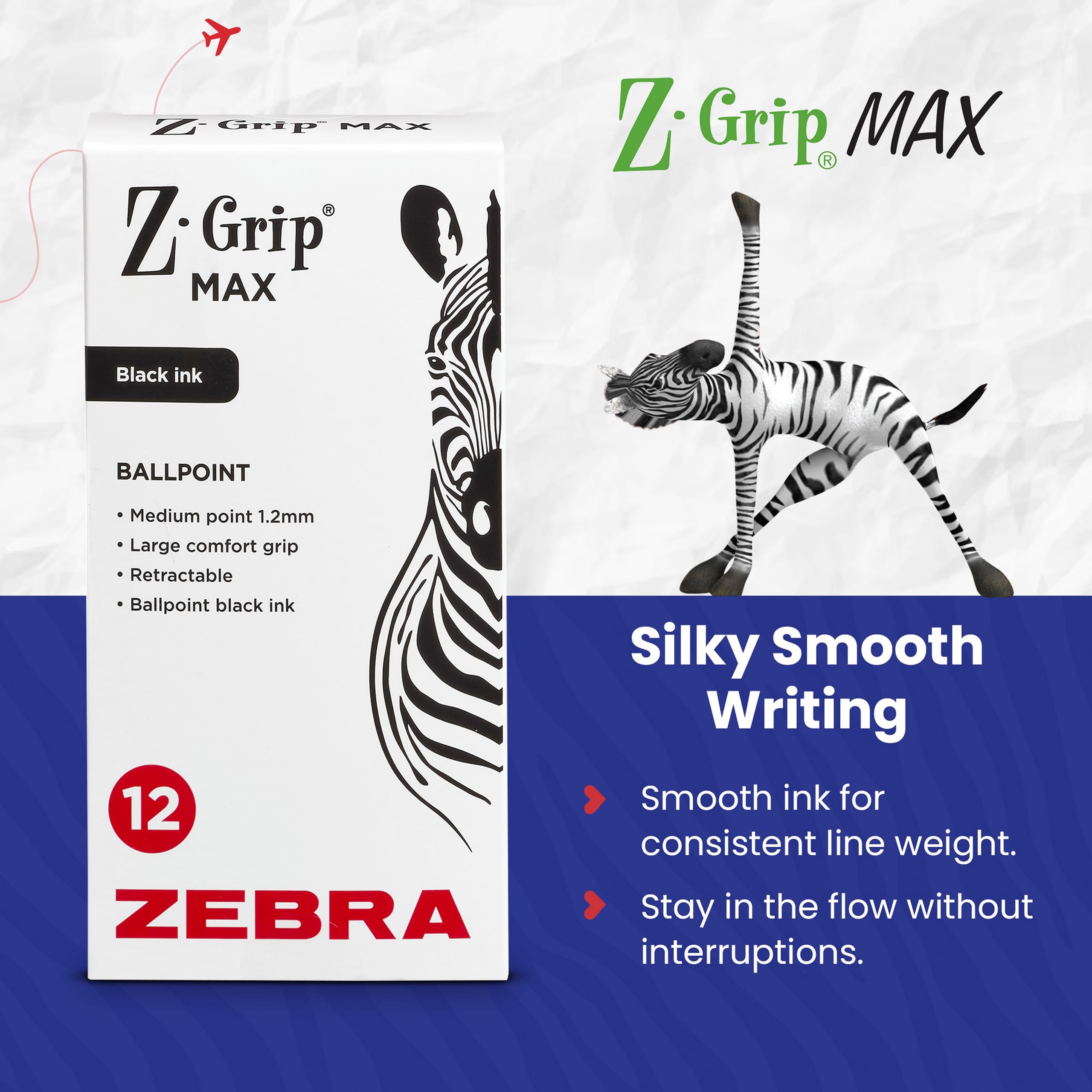 Zebra Pen Z-Grip MAX Black Ballpoint Pens 12pk, 1.2mm Medium Point Retractable Ink Pens with Clip - Image 2