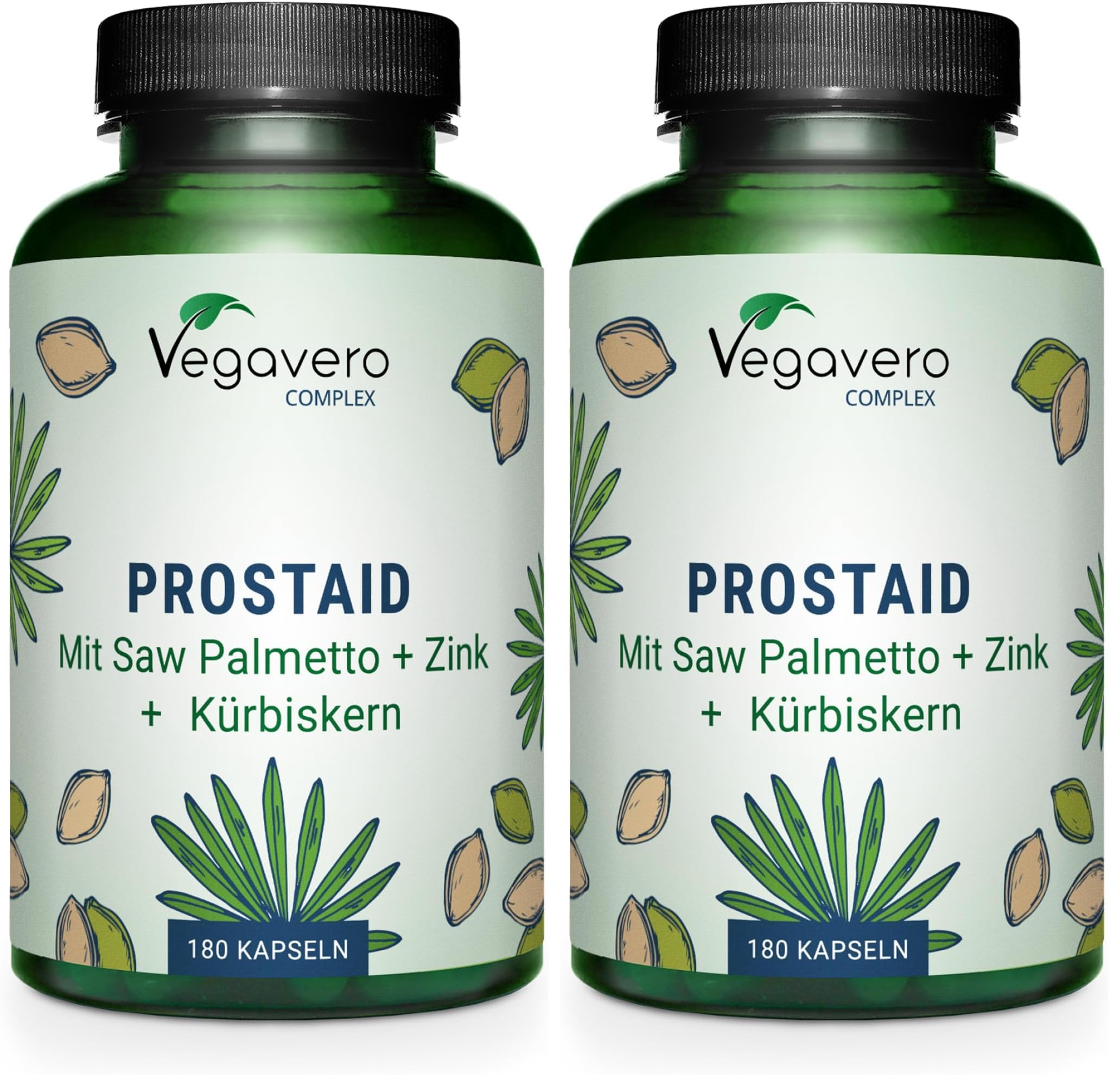 Prostata Komplex Vegavero | 800 mg Kürbiskernextrakt |180 Kapseln Hochdosiert | Mit Sägepalmenextrakt, Kürbiskernen, Brennnessel & Mehr | Vegan & Ohne Zusätze (Packung mit 2)
