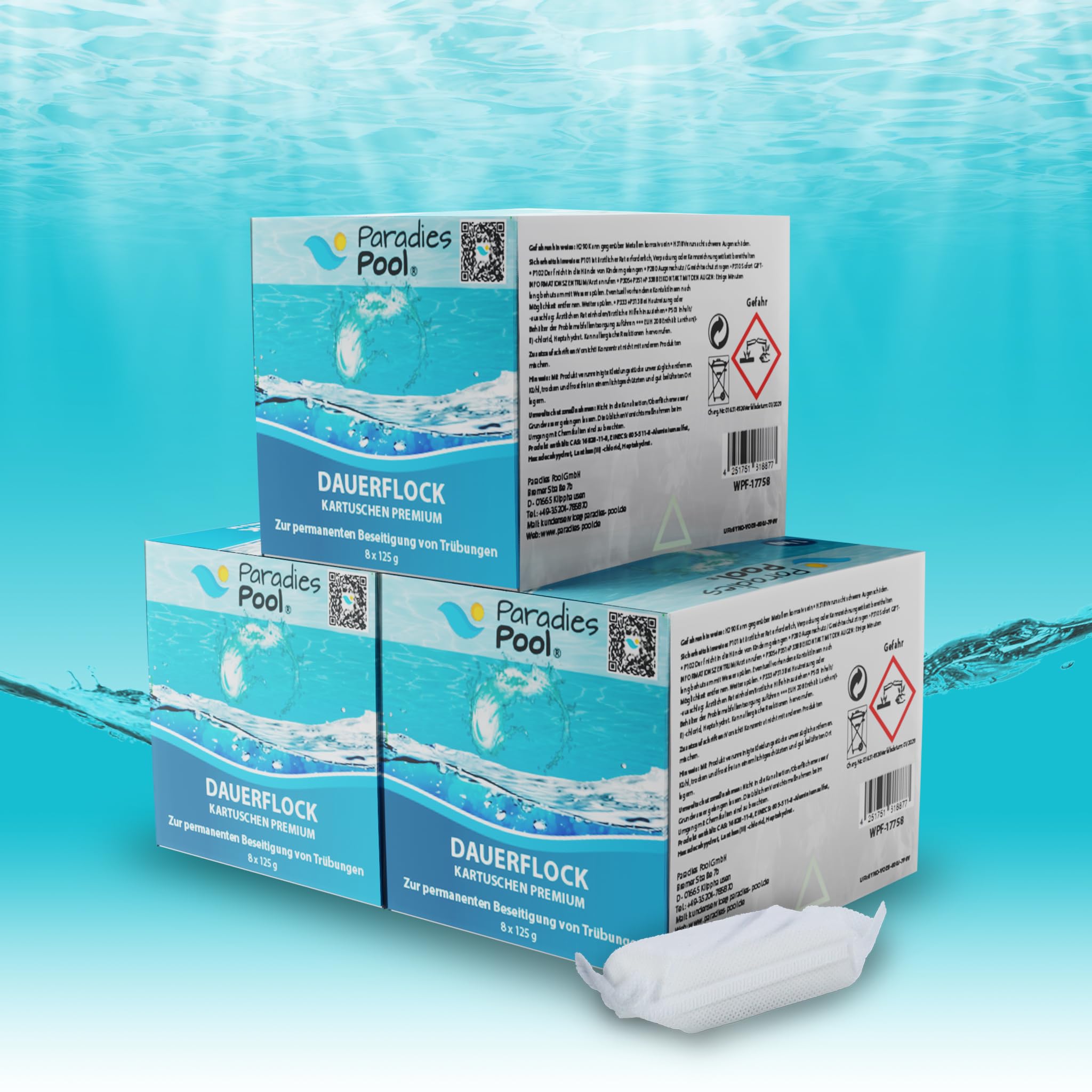 Paradies Pool Flockungsmittel Flockkartuschen 24 x 125 g = 3 kg, geeignet für Sandfilteranlagen zur Trübungsentfernung Beseitigung Schwebstoffe