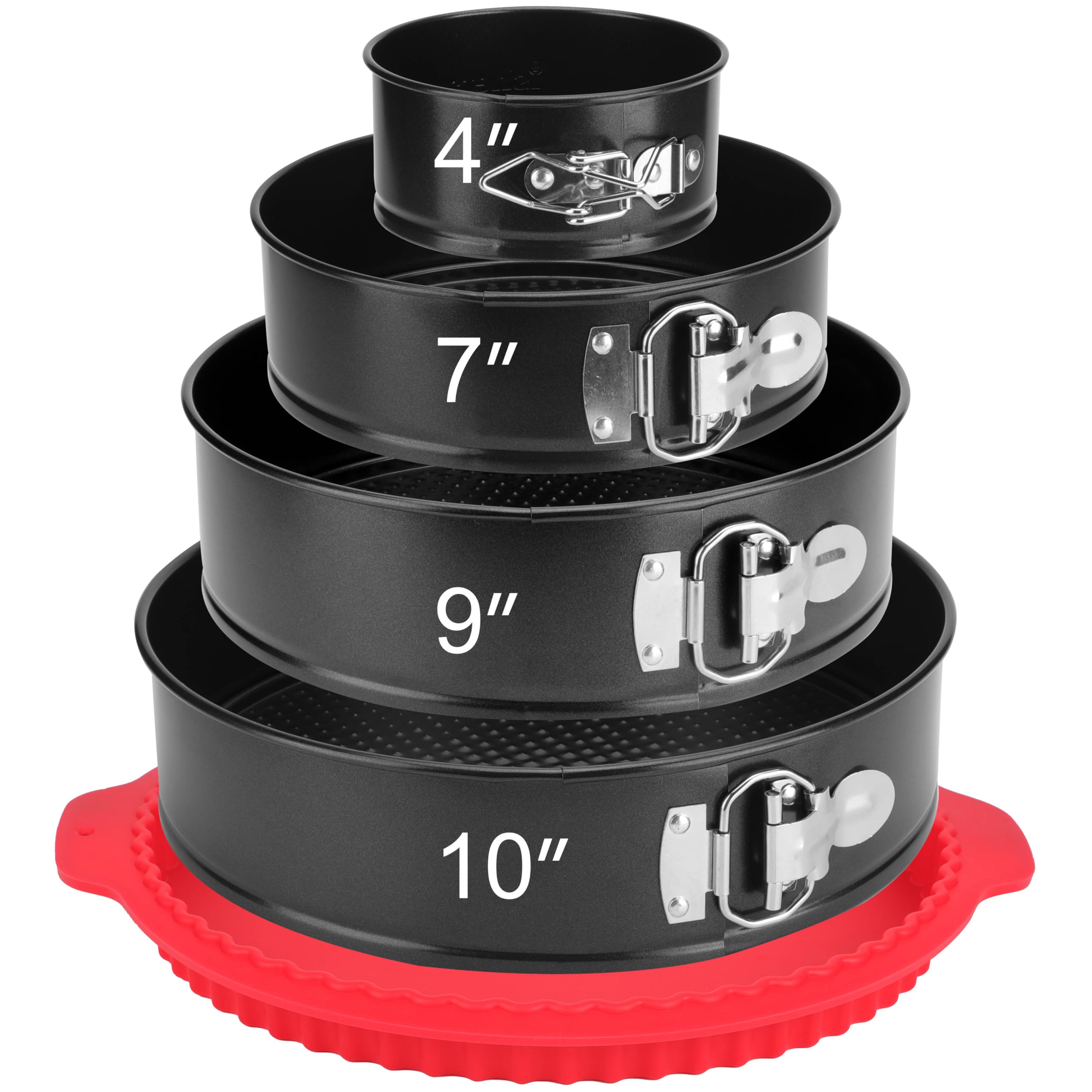 isheTao Springform Pan Set of 4, 4/7/9/10inch Cake Pans with Leakproof Silicone Protector, Non-Stick Leak-Proof with Removable Bottom, Cheesecake Pan for Baking, Black