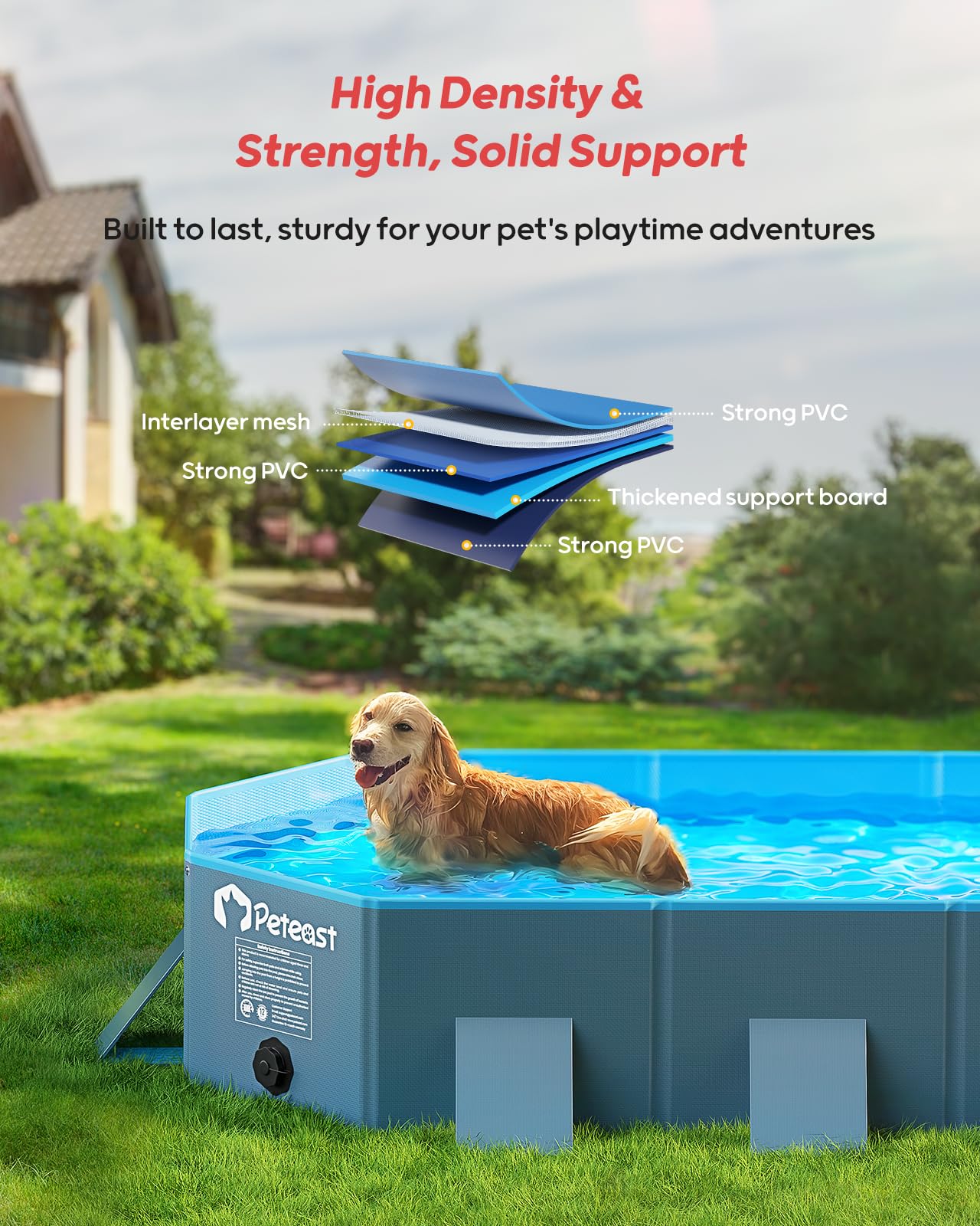 Peteast Piscina plegable para perros con diseño redondo resistente, duradera de 71 pulgadas de largo x 39 pulgadas de ancho x 12 pulgadas de profundidad, bañera portátil extragrande para mascotas con