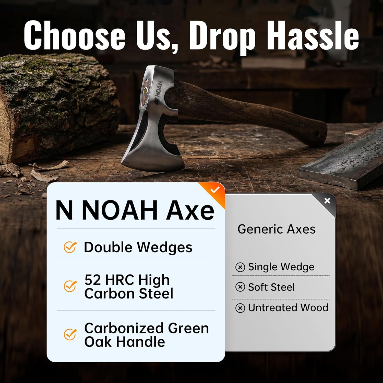 N NOAH Camping Hatchet, 13.4” Forged Survival Axe with #45 Carbon Steel, Hand Sharpened, Carbonized Oak Handle & Double-Wedge Joint, Ideal Backpack Hatchet for Kindling and Garden Tasks