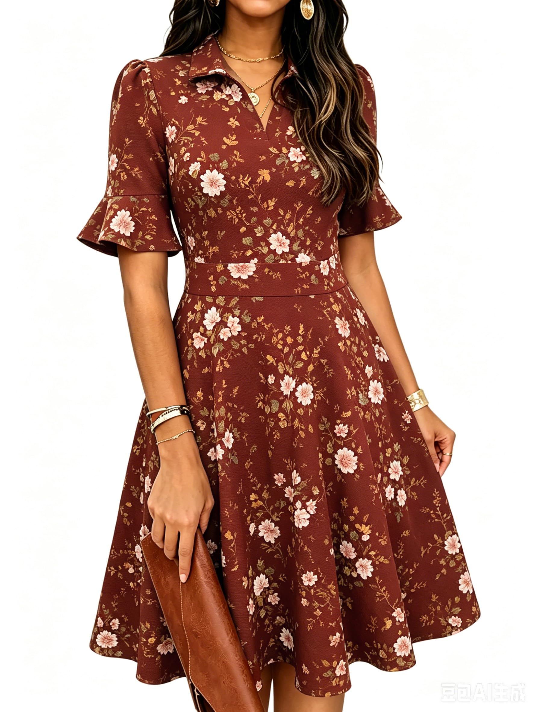Mokayee Womens Summer Ruffle Sleeve Collared V Neck Fit and Flare Elegant A line Swing Dresses with Pockets