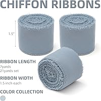 Vista 2 de 3 rollos de cinta de gasa de chifón azul polvoriento hecha a mano, 1.5" x 21 yardas con flecos deshilachados de seda (3 rollos * 7 yardas)